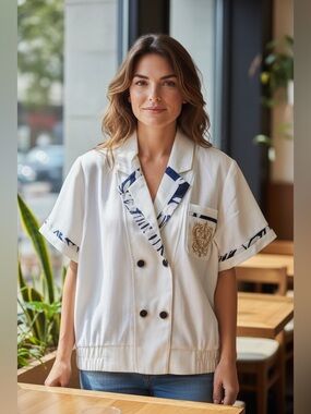 Sideffects White and Blue Vintage 80s Short Sleeve Blazer Top | NWT